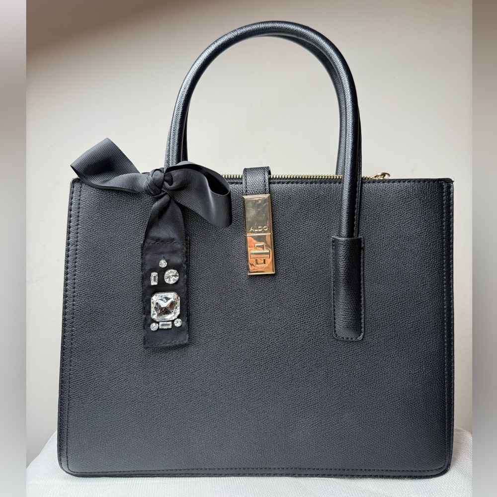 Aldo Elegant Black Satchel with Bow and Jewel Details